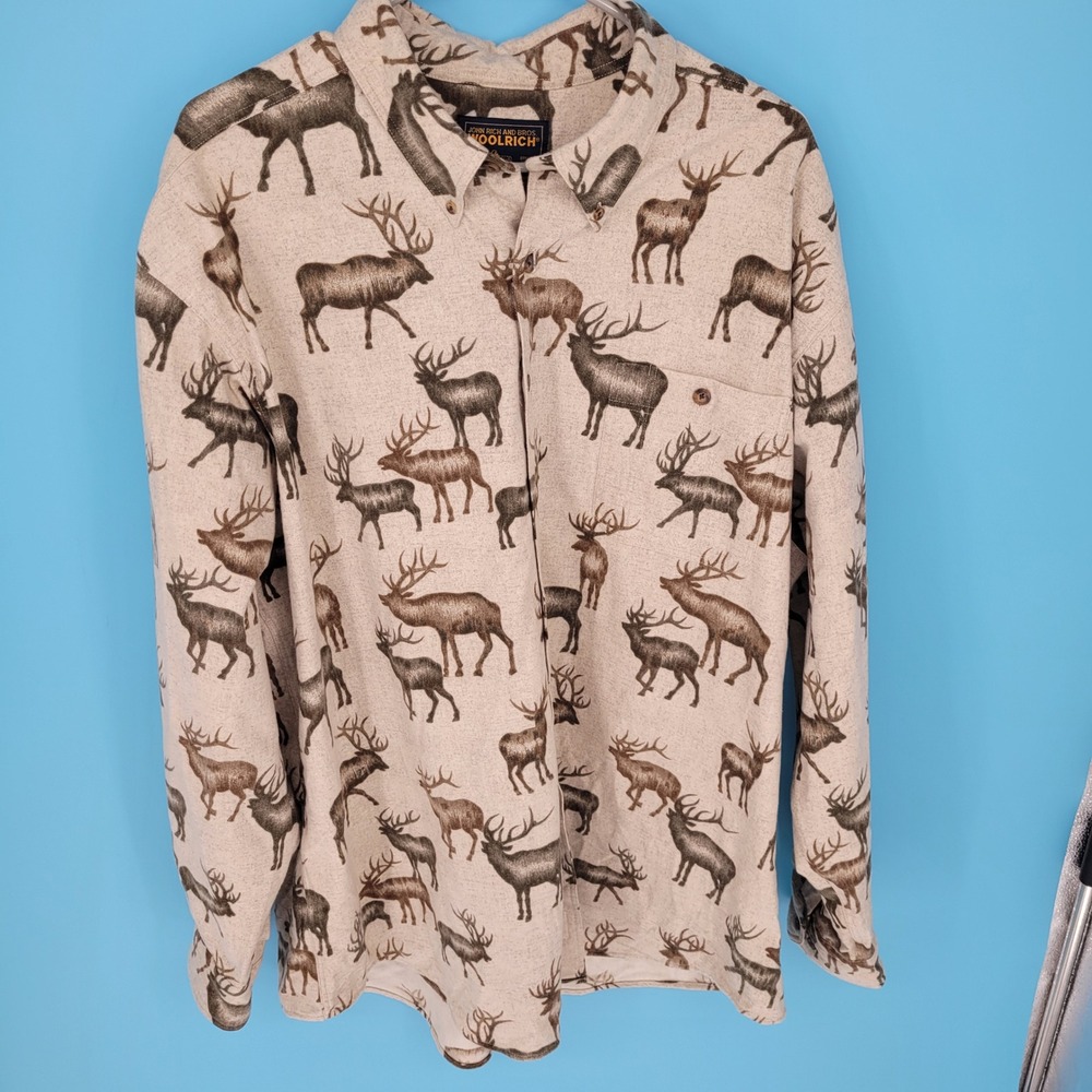 Woolrich Deer Elk Print Flannel Shirt Mens 2XL Hunting Cabin Outdoor Button Down